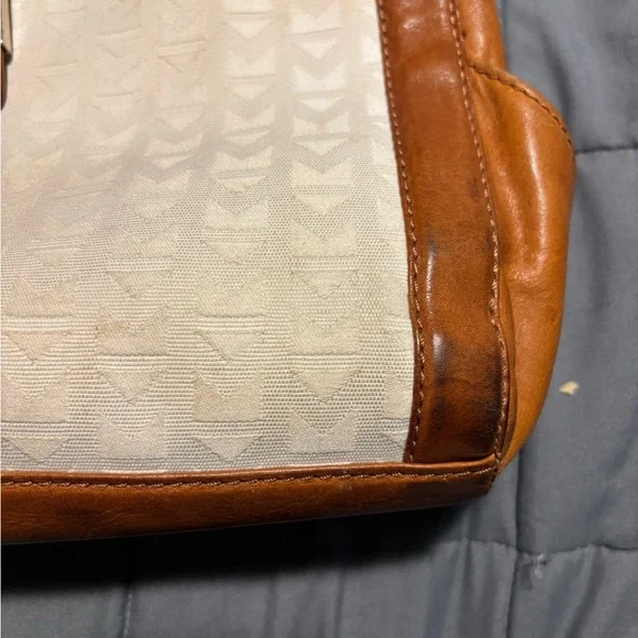 MICHAEL KORS Handbag Purse Large White Canvas Brown Leather Tote Bag - Picture 2 of 10